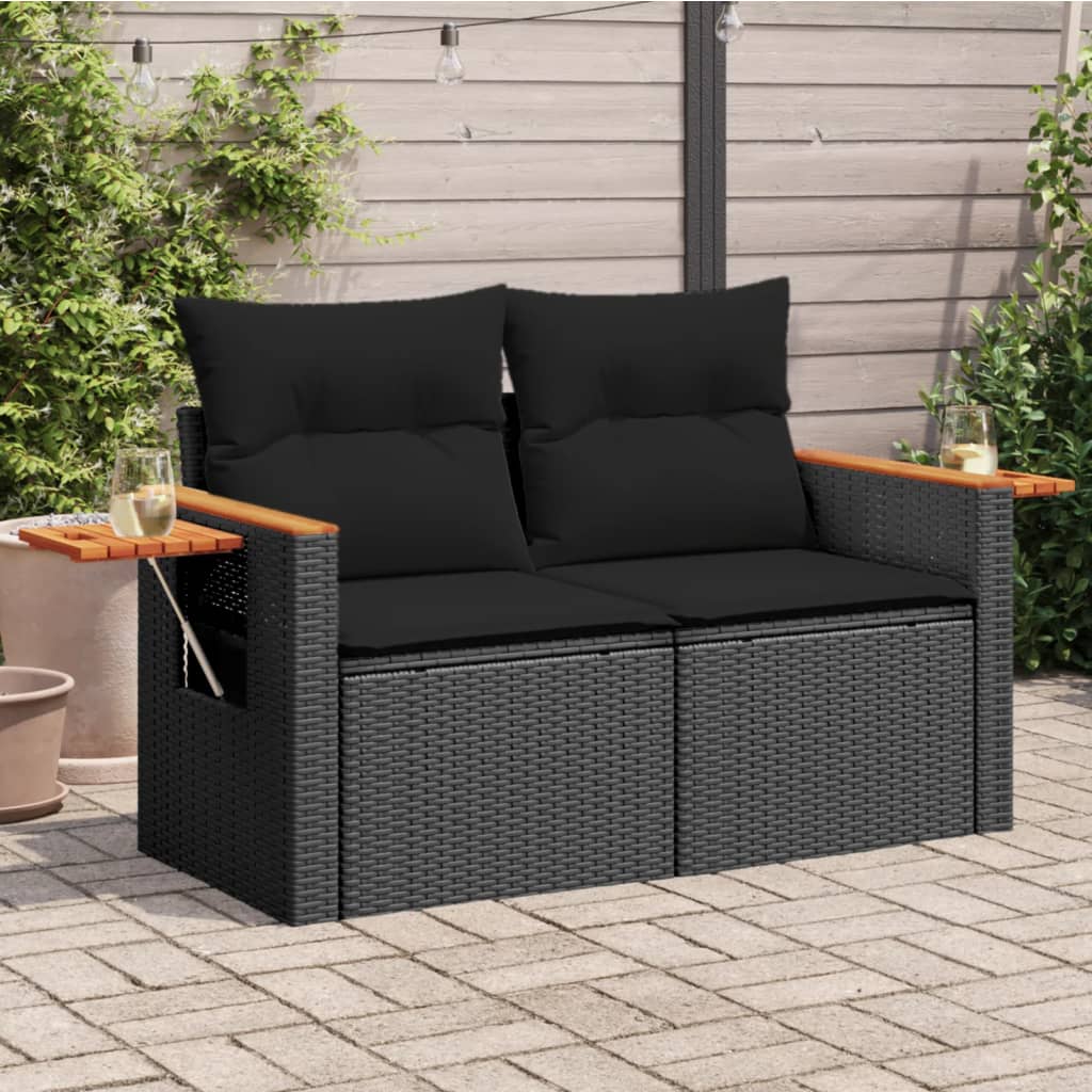 vidaXL Canapé de jardin 2 places avec coussins résine tressée noir
