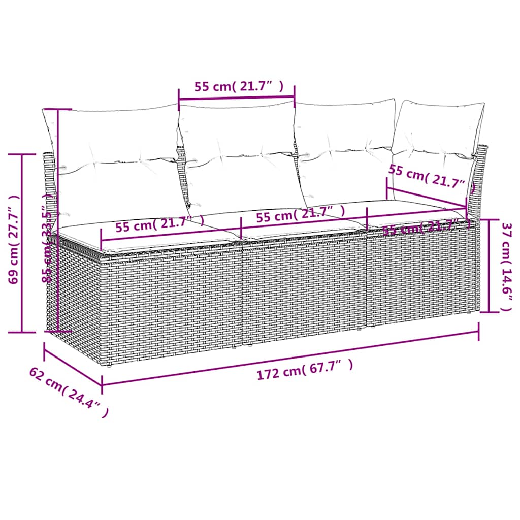 vidaXL Gartensofa mit Kissen 3-Sitzer Schwarz Poly Rattan