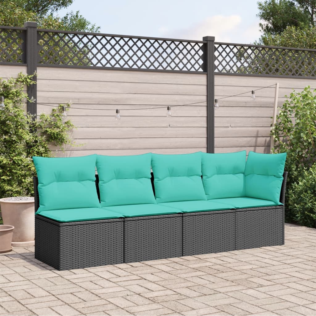Gartensofa mit Kissen 4-Sitzer Schwarz Poly Rattan