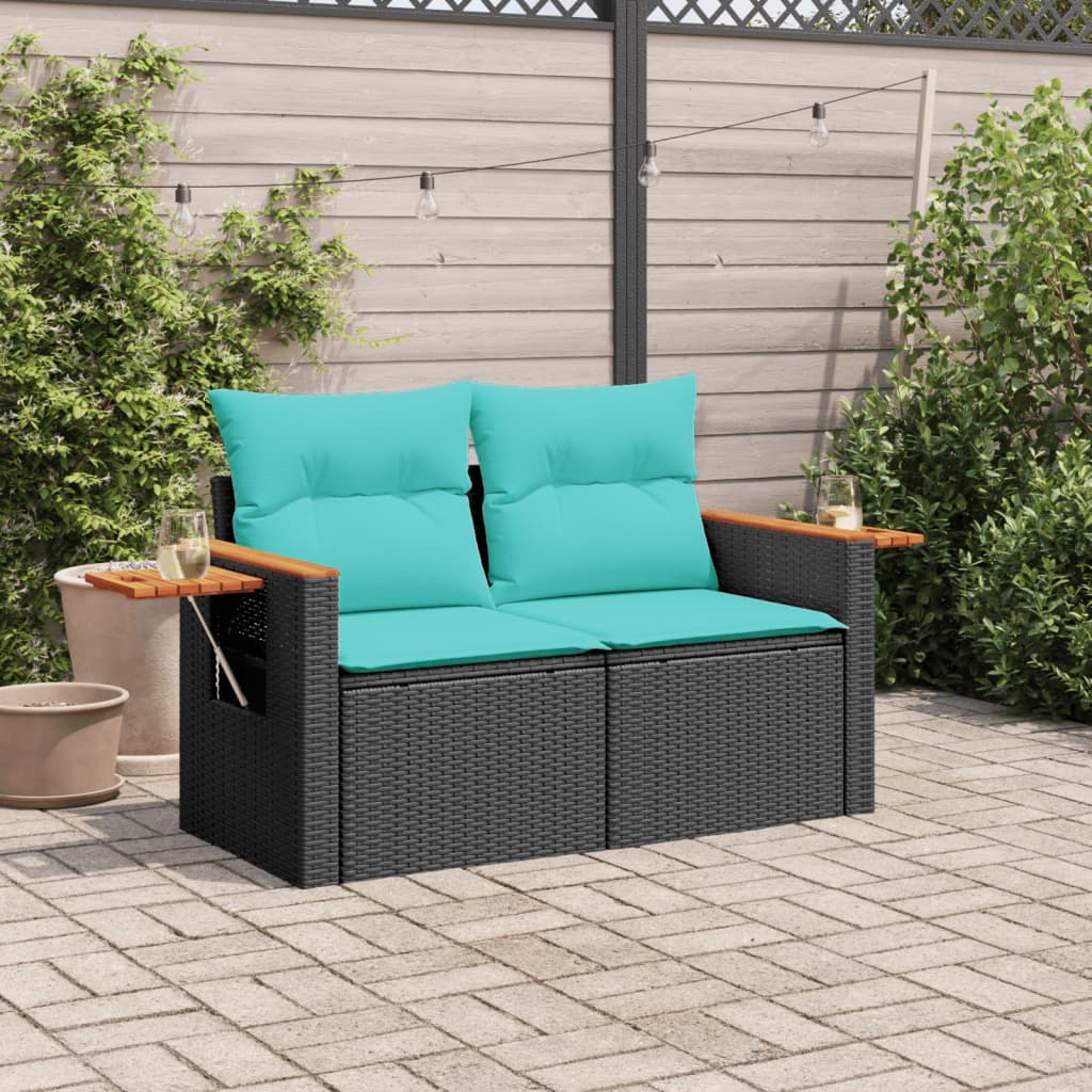 vidaXL Canapé de jardin 2 places en résine tressée noire avec coussins