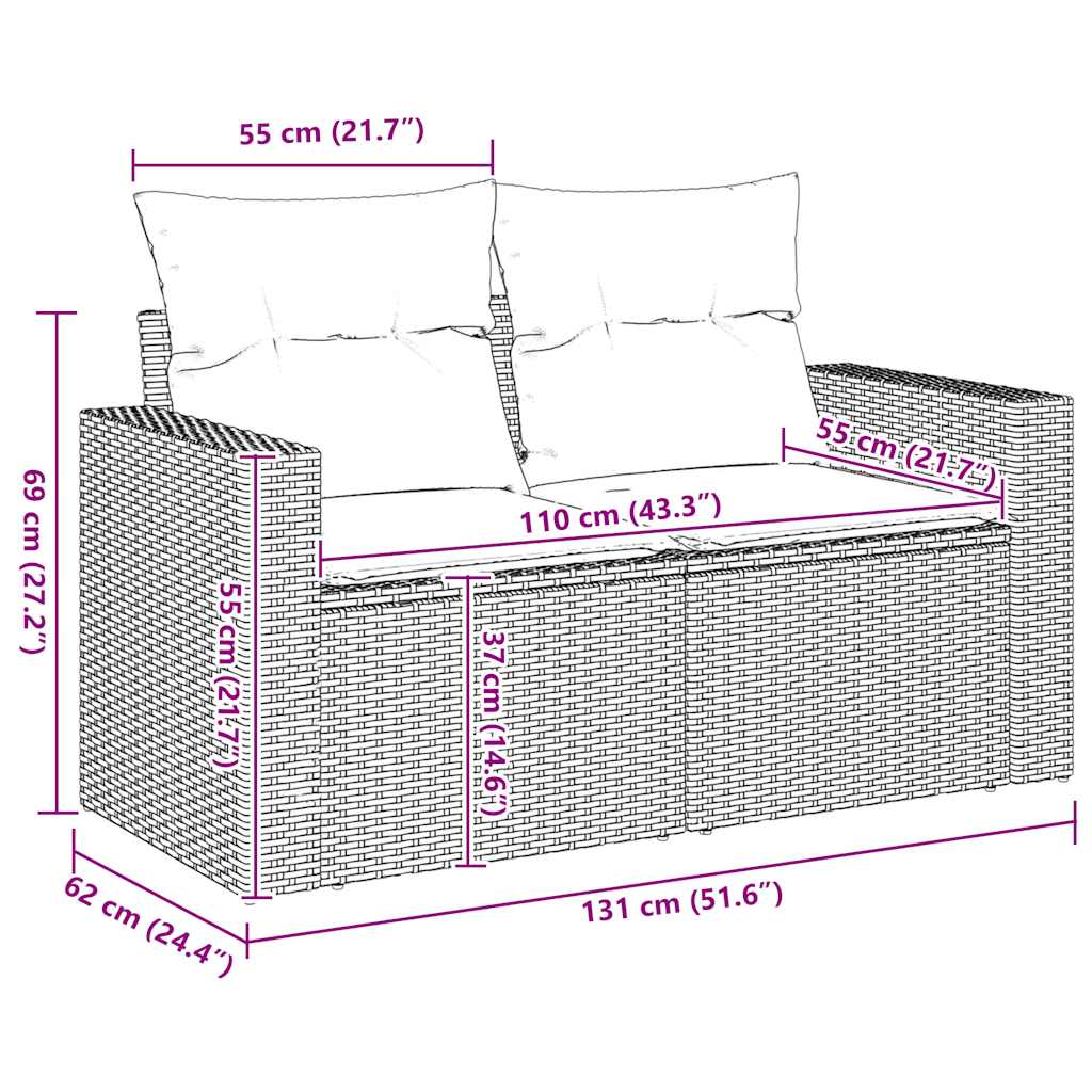 vidaXL Gartensofa mit Kissen 2-Sitzer Beige Poly Rattan