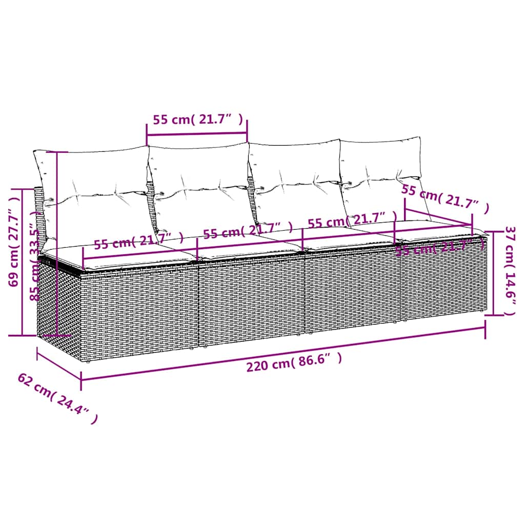 | Gartensofa | mit Kissen Grau 220 x 62 x 69cm Poly-Rattan