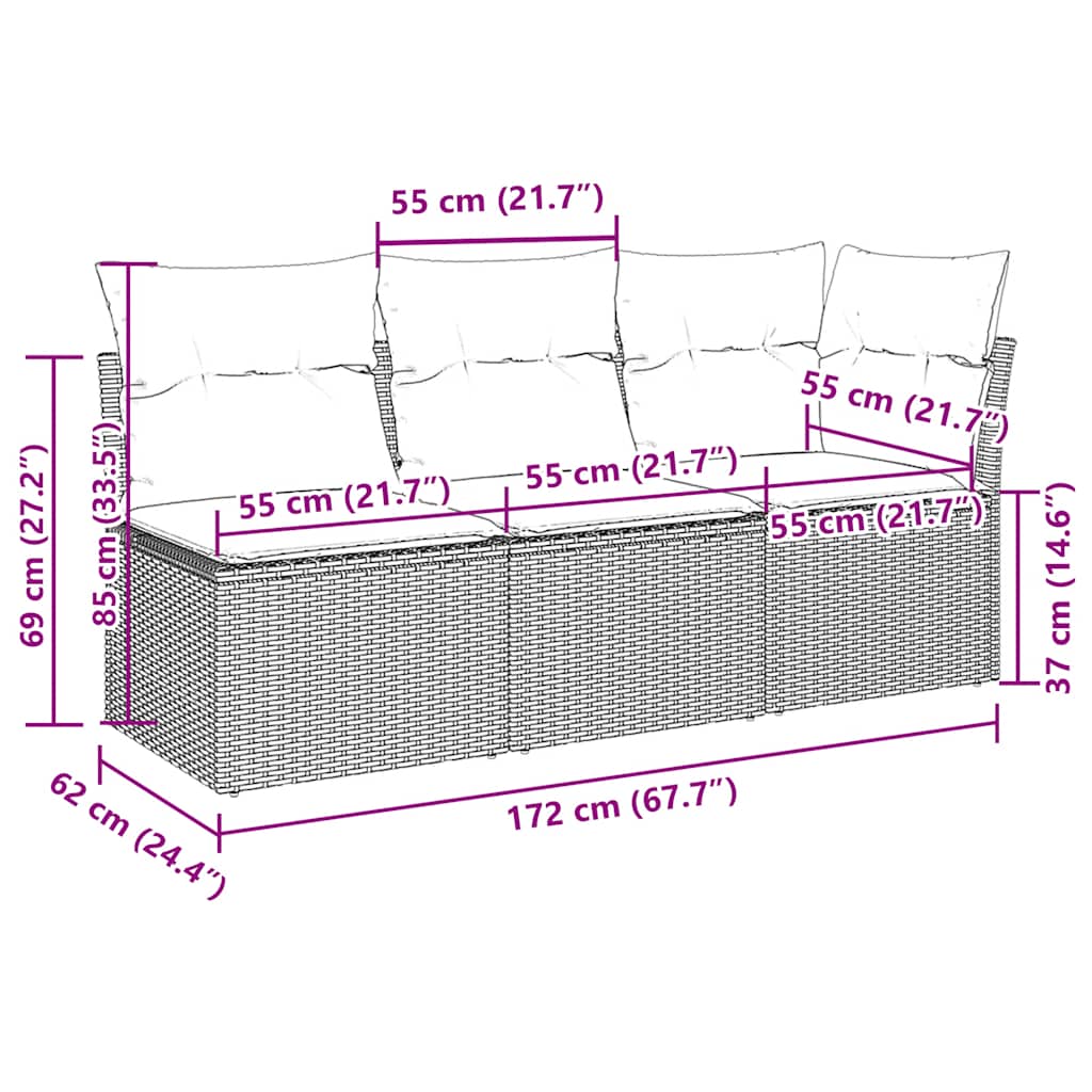 vidaXL Gartensofa mit Kissen 3-Sitzer Hellgrau Poly Rattan
