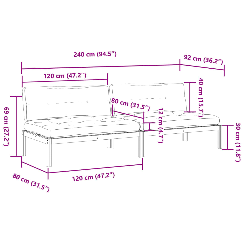 vidaXL Garten-Mittelsofas aus Paletten 2 Stk. mit Kissen Akazienholz
