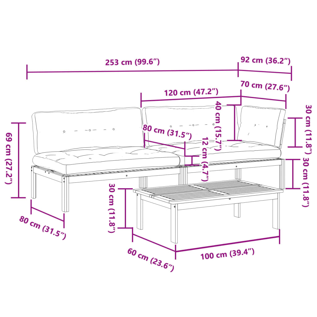 vidaXL Salon de jardin 3 pcs en palettes avec coussins Bois d'acacia