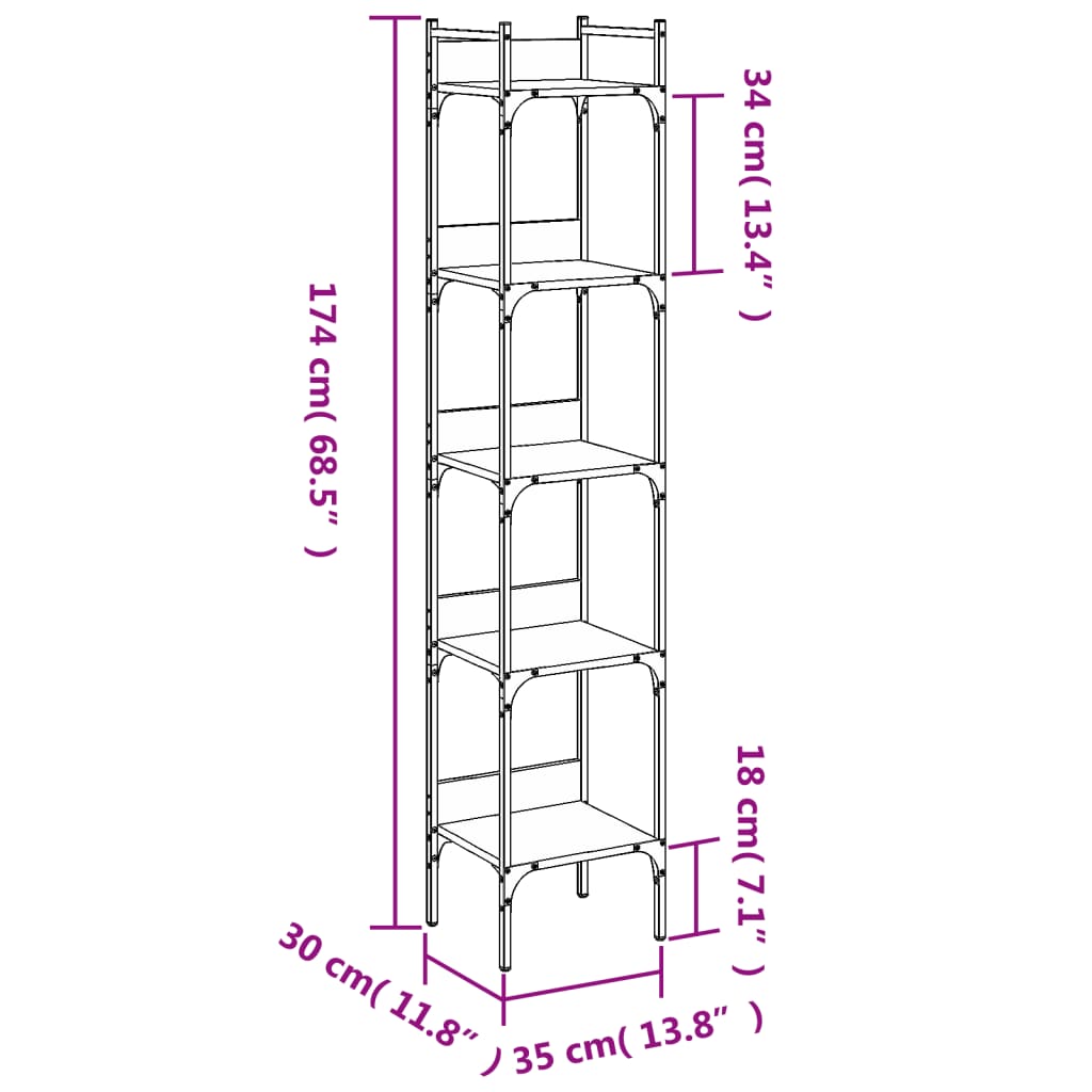 vidaXL Bücherregal 5 Böden Schwarz 35x30x174 cm Holzwerkstoff