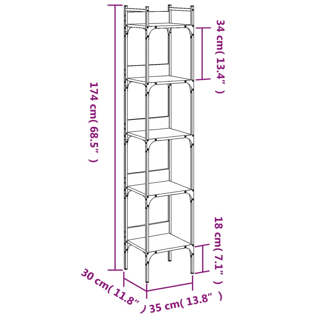 vidaXL Bücherregal 5 Böden Räuchereiche 35x30x174 cm Holzwerkstoff