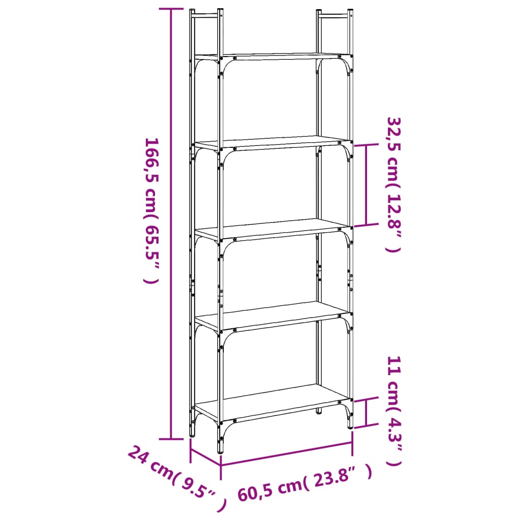 vidaXL Bücherregal 5 Böden Räuchereiche 60,5x24x166,5 cm Holzwerkstoff