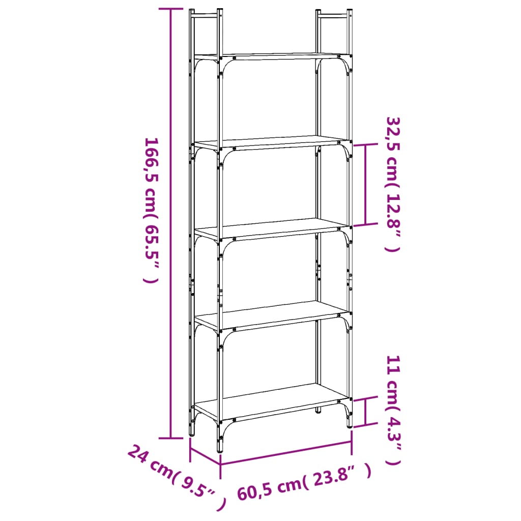 vidaXL Bücherregal 5 Böden Braun Eichen-Optik 60,5x24x166,5 cm