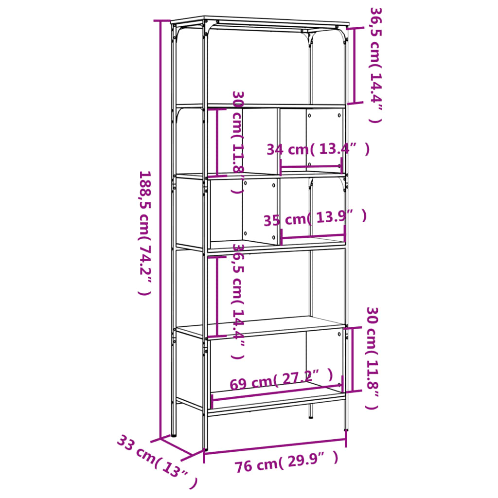 vidaXL Bücherregal 5 Böden Sonoma-Eiche 76x33x188,5 cm Holzwerkstoff