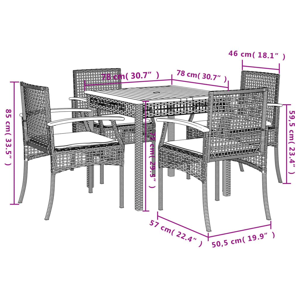 vidaXL 5-tlg. Garten-Essgruppe mit Kissen Schwarz Poly Rattan