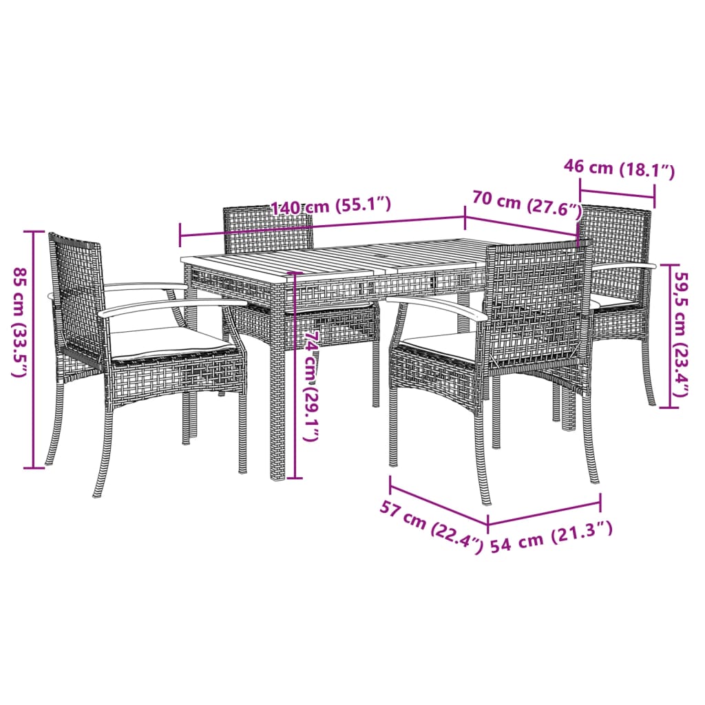 vidaXL 5-tlg. Garten-Essgruppe mit Kissen Grau Poly Rattan