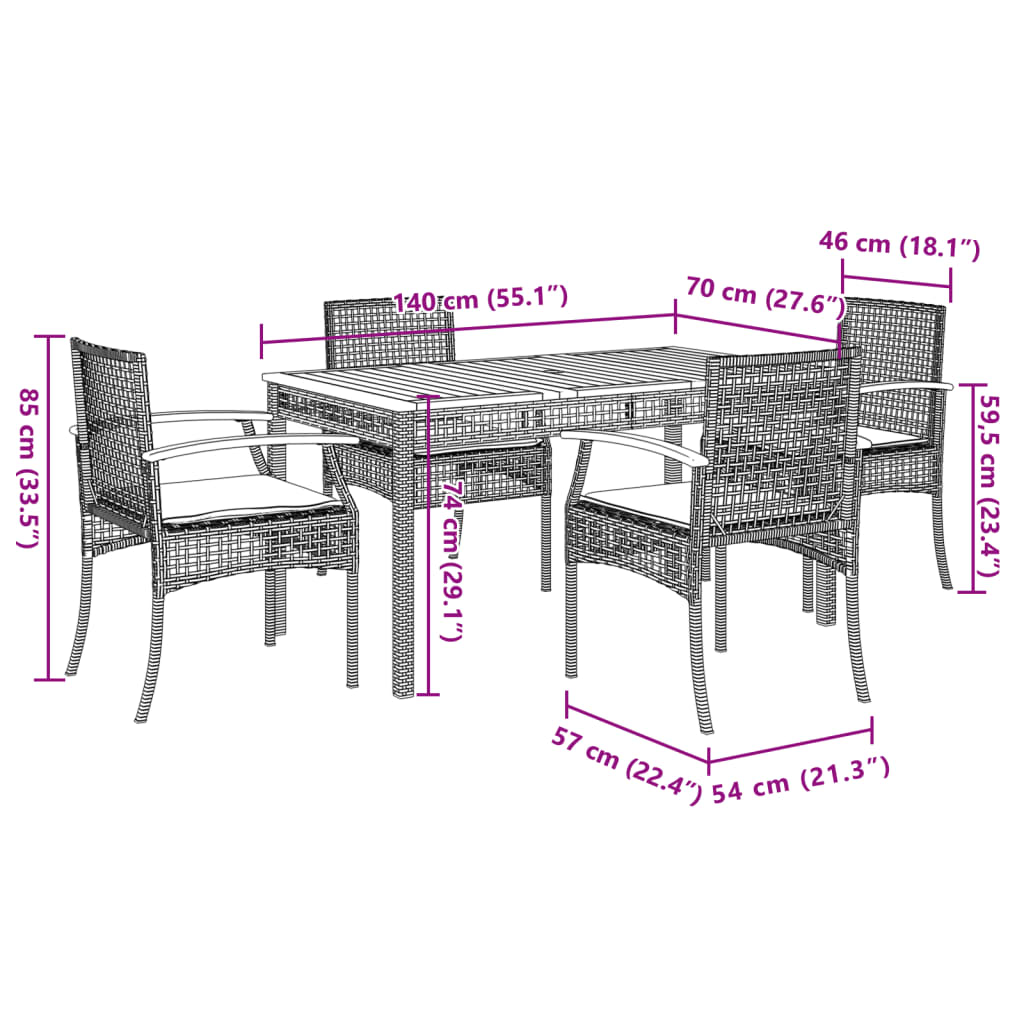 vidaXL Ensemble repas de jardin 5 pcs avec coussins Résine tressée Beige