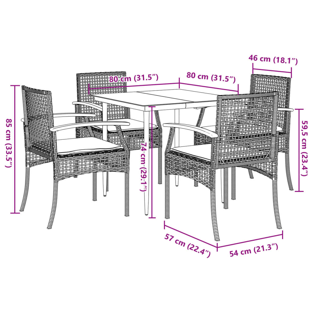 vidaXL 5-tlg. Garten-Essgruppe mit Kissen Schwarz Poly Rattan