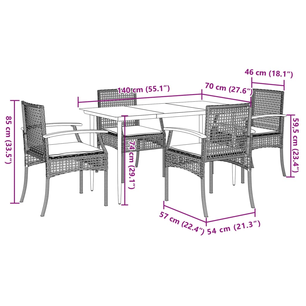 vidaXL 5-tlg. Garten-Essgruppe mit Kissen Schwarz Poly Rattan
