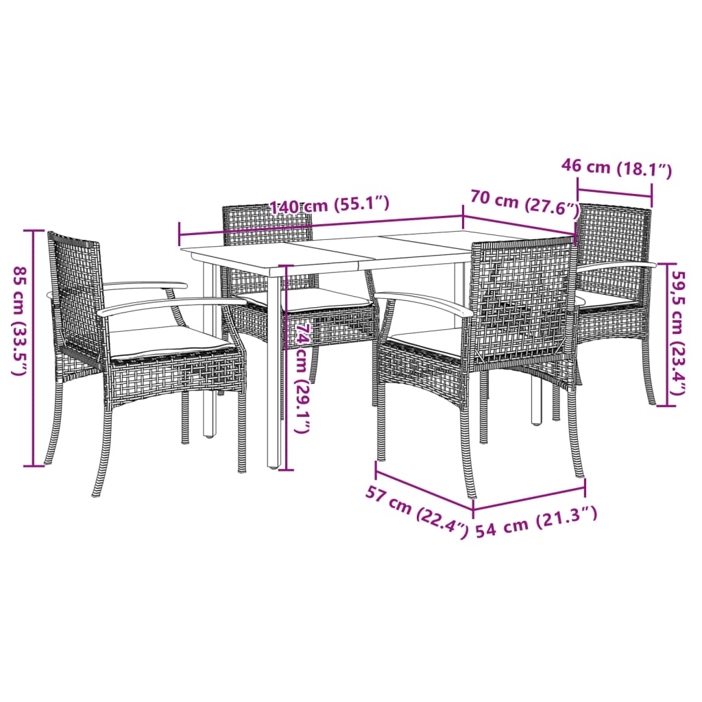 vidaXL 5-tlg. Garten-Essgruppe mit Kissen Schwarz Poly Rattan