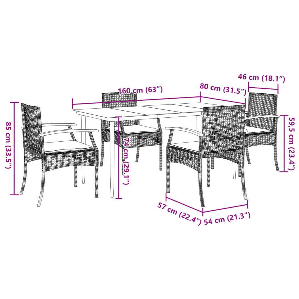 vidaXL 5-tlg. Garten-Essgruppe mit Kissen Grau Poly Rattan