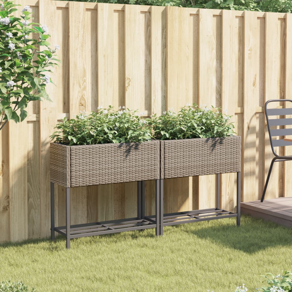 vidaXL Hochbeete mit Ablage 2 Stk. Grau 70x28x70 cm Poly Rattan