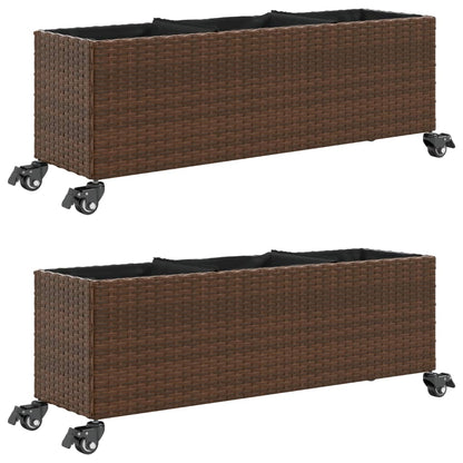 vidaXL Jardinières à roulettes 2 pcs Marron 107x32x38 cm Résine tressée