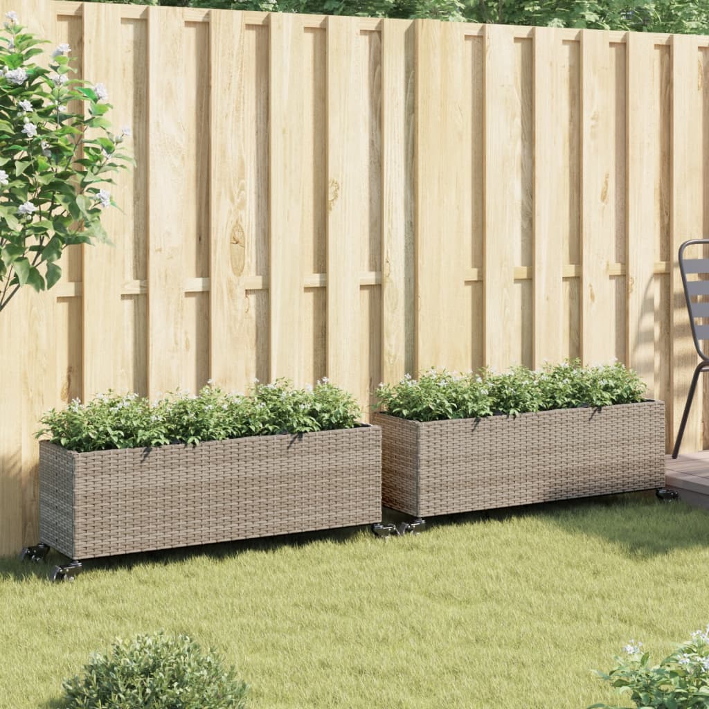 vidaXL Pflanzkübel mit Rollen 2 Stk. Grau 107x32x38 cm Poly Rattan