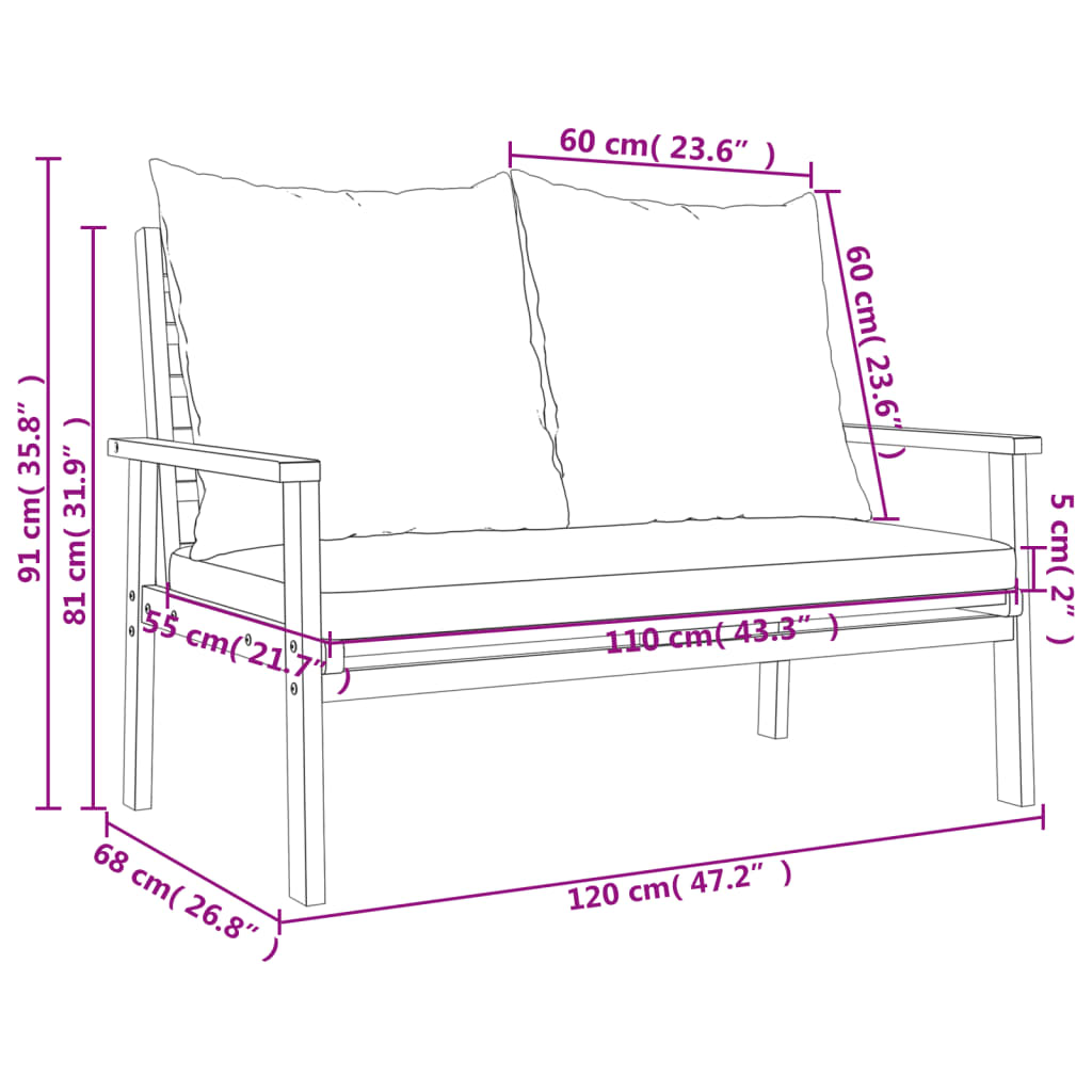 vidaXL Gartensofa 120 cm mit Kissen Massivholz Akazie