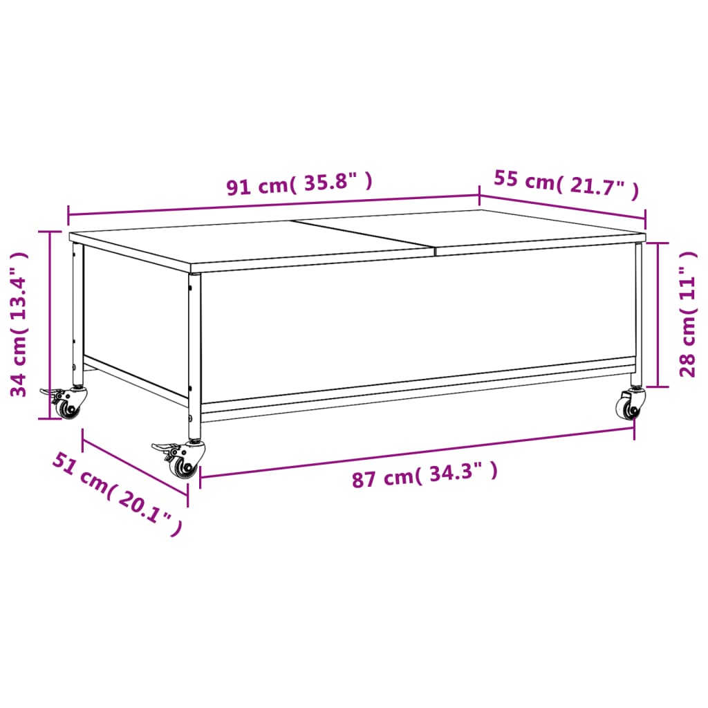 vidaXL Couchtisch mit Rollen Braun Eiche 91x55x34 cm Holzwerkstoff
