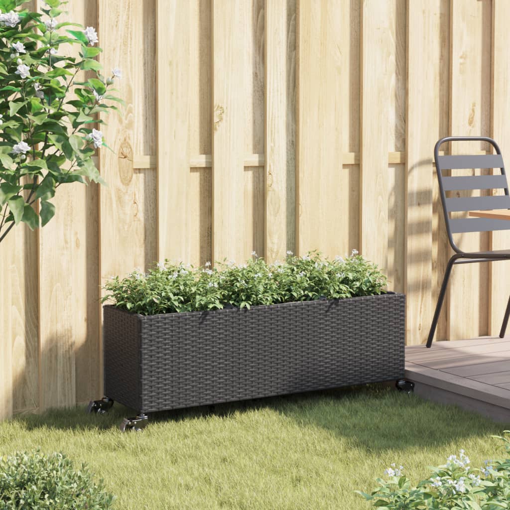 vidaXL Jardinière sur roulettes et 3 compartiments Noir 107x32x38cm Résine tressée