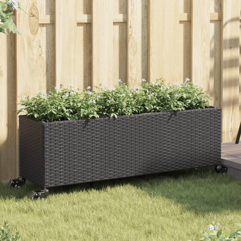 vidaXL Jardinière sur roulettes et 3 compartiments Noir 107x32x38cm Résine tressée