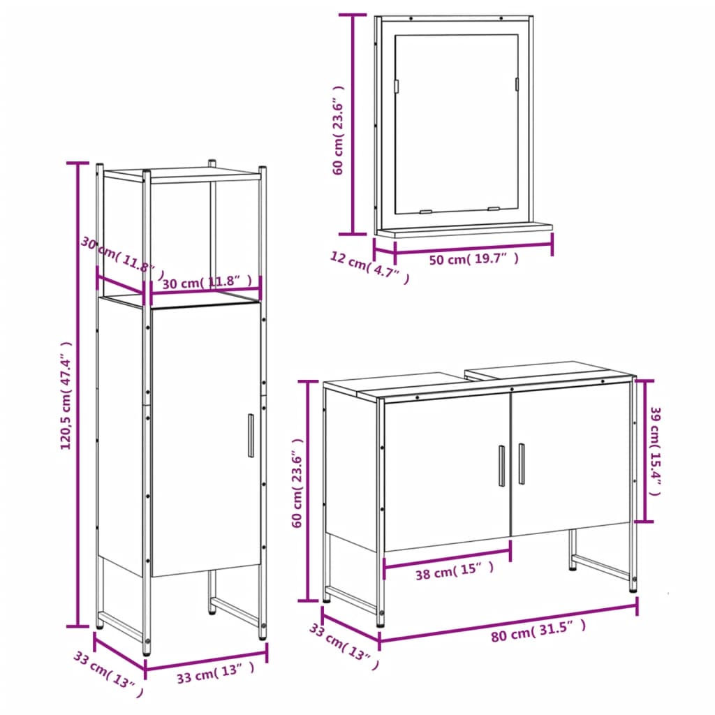 vidaXL 3-tlg. Badmöbel-Set Räuchereiche Holzwerkstoff