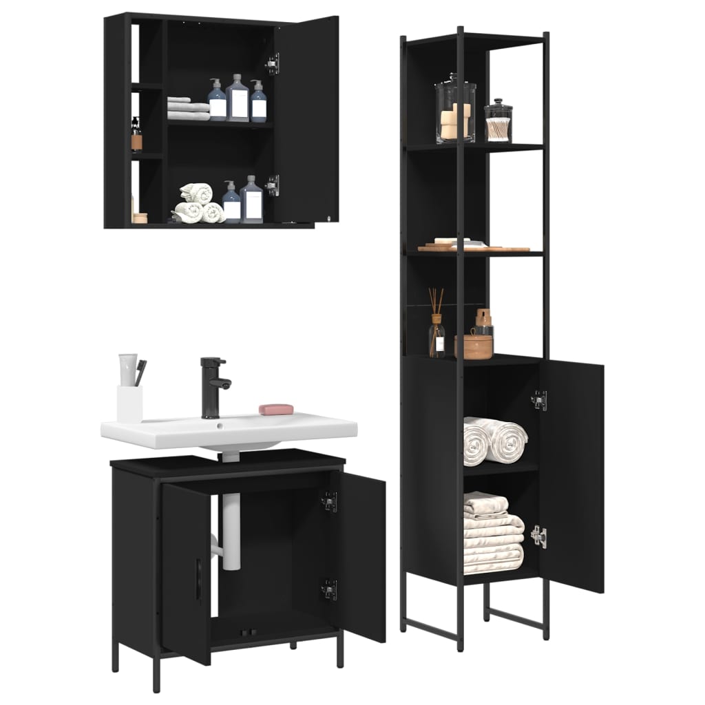vidaXL 3-tlg. Badmöbel-Set Schwarz Holzwerkstoff