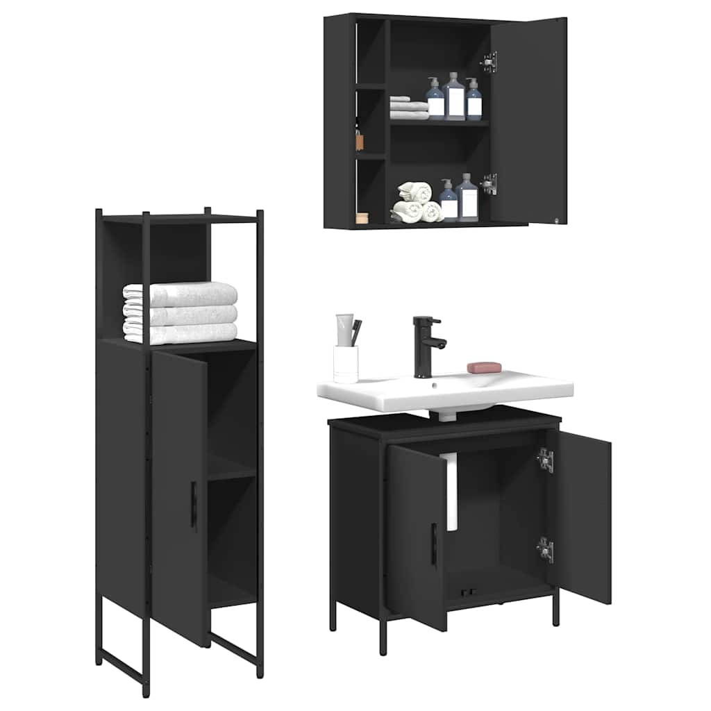 vidaXL 3-tlg. Badmöbel-Set Schwarz Holzwerkstoff