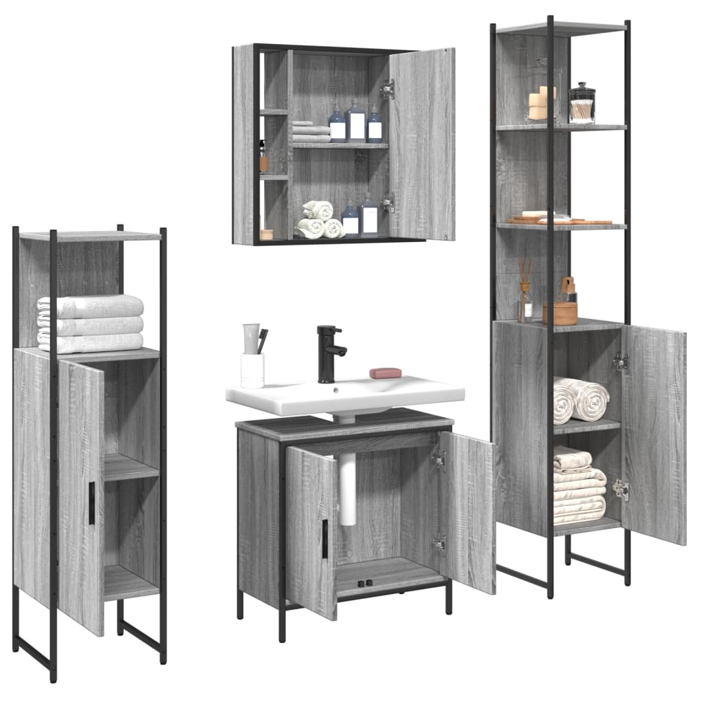 vidaXL 4-tlg. Badmöbel-Set Grau Sonoma Holzwerkstoff
