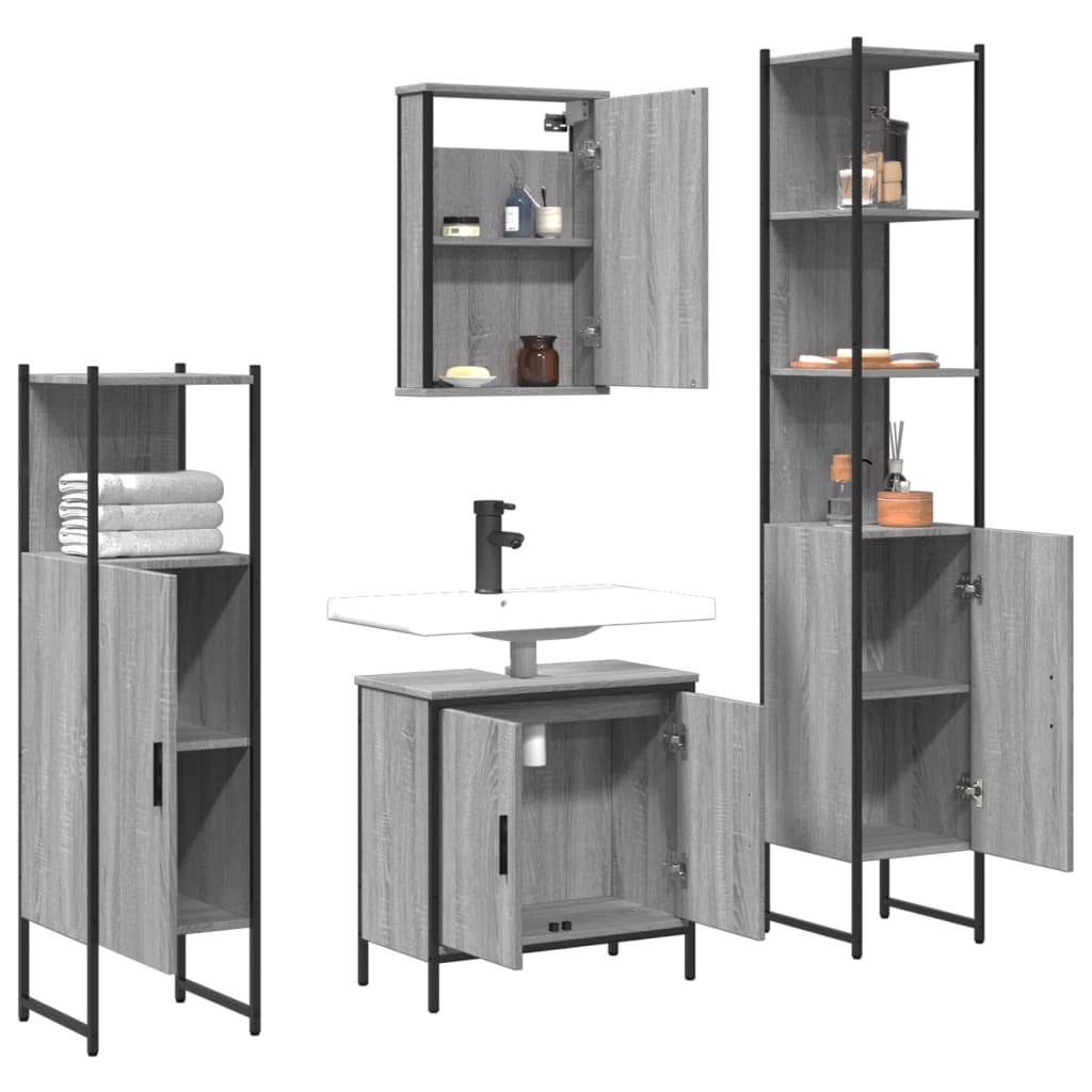 vidaXL 4-tlg. Badmöbel-Set Grau Sonoma Holzwerkstoff