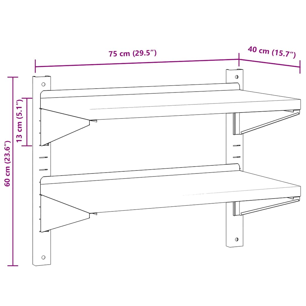 vidaXL Étagère murale à 2 niveaux 75x40x60 cm Argenté Acier inoxydable