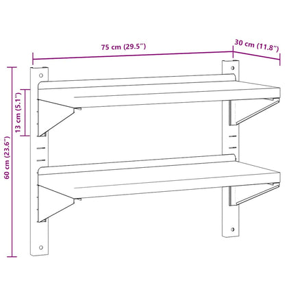 vidaXL Étagère murale à 2 niveaux 75x30x60 cm Argent Acier inoxydable