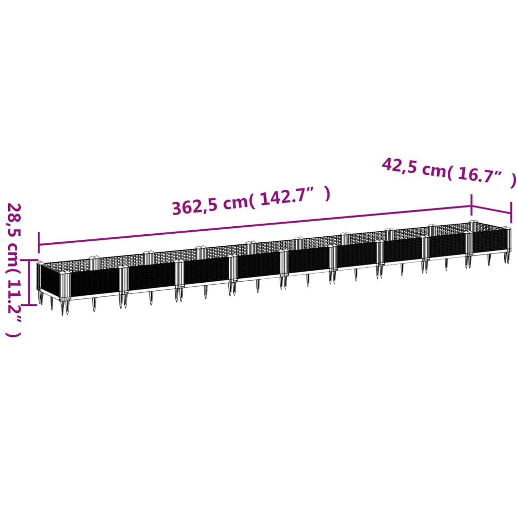 vidaXL Pflanzkasten mit Erdspießen Schwarz 362,5x42,5x28,5 cm PP