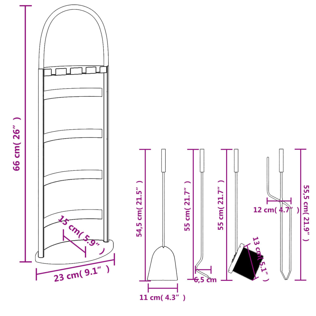 vidaXL 5-teiliges Kaminbesteck-Set 23 x 15 x 66 cm Stahl