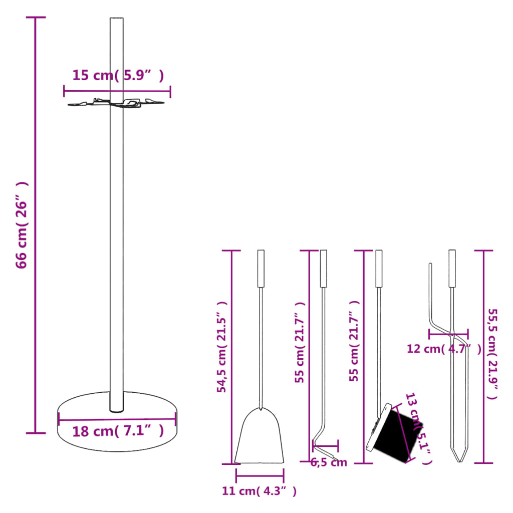 vidaXL 5-teiliges Kaminbesteck-Set 18 x 66 cm Stahl
