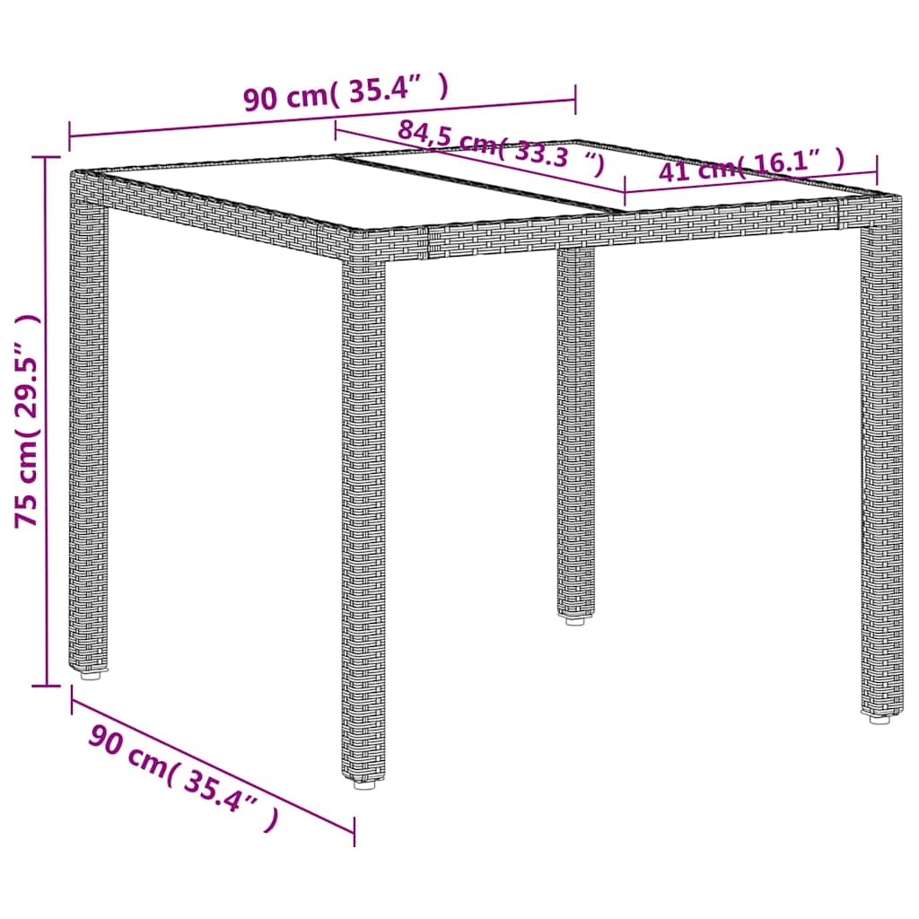 vidaXL Gartentisch mit Glasplatte Hellgrau 90x90x75 cm Poly Rattan