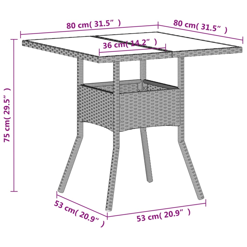 vidaXL Gartentisch mit Glasplatte Hellgrau 80x80x75 cm Poly Rattan