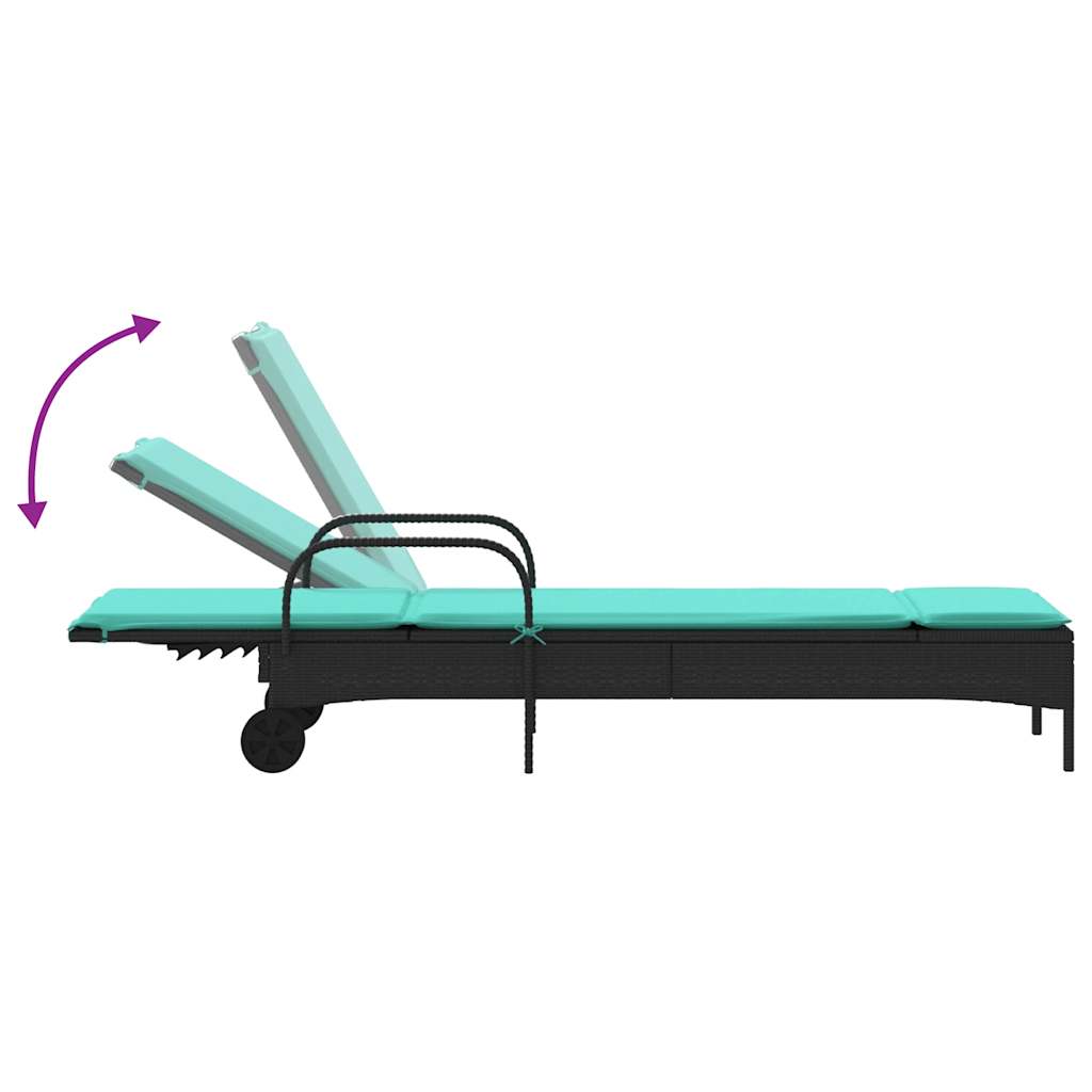 Sonnenliege mit Rollen und Kissen Schwarz Poly Rattan