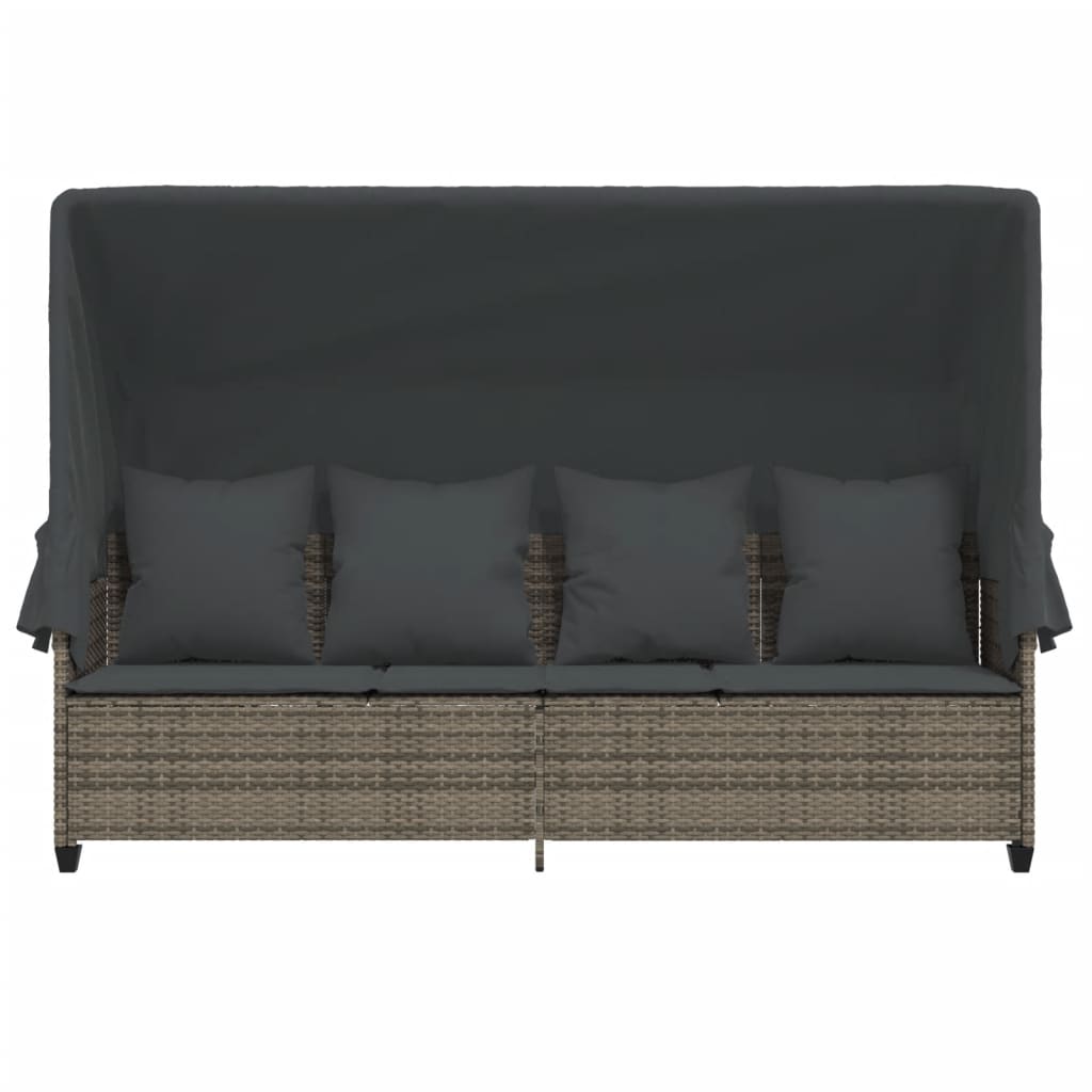 Sonnenliege mit Dach und Kissen Grau Poly Rattan