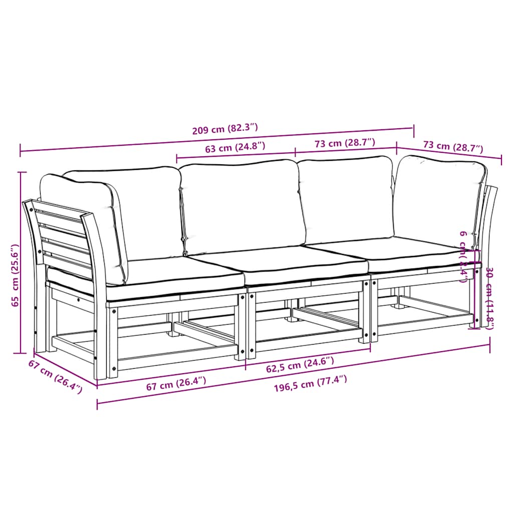 vidaXL Ensemble de salon de jardin 3 pcs avec coussins Bois d'acacia massif