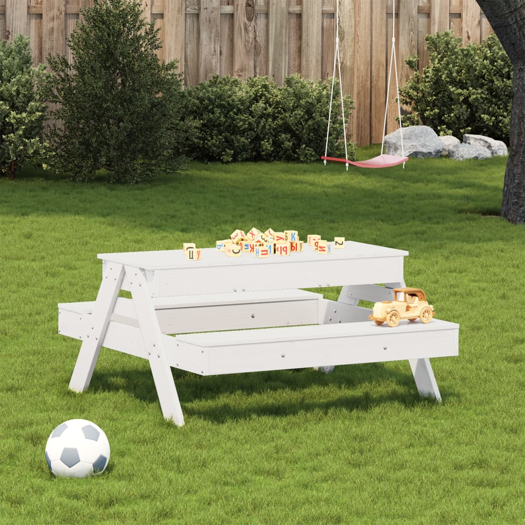 vidaXL Picknicktisch mit Sandkasten für Kinder Weiß Massivholz Kiefer