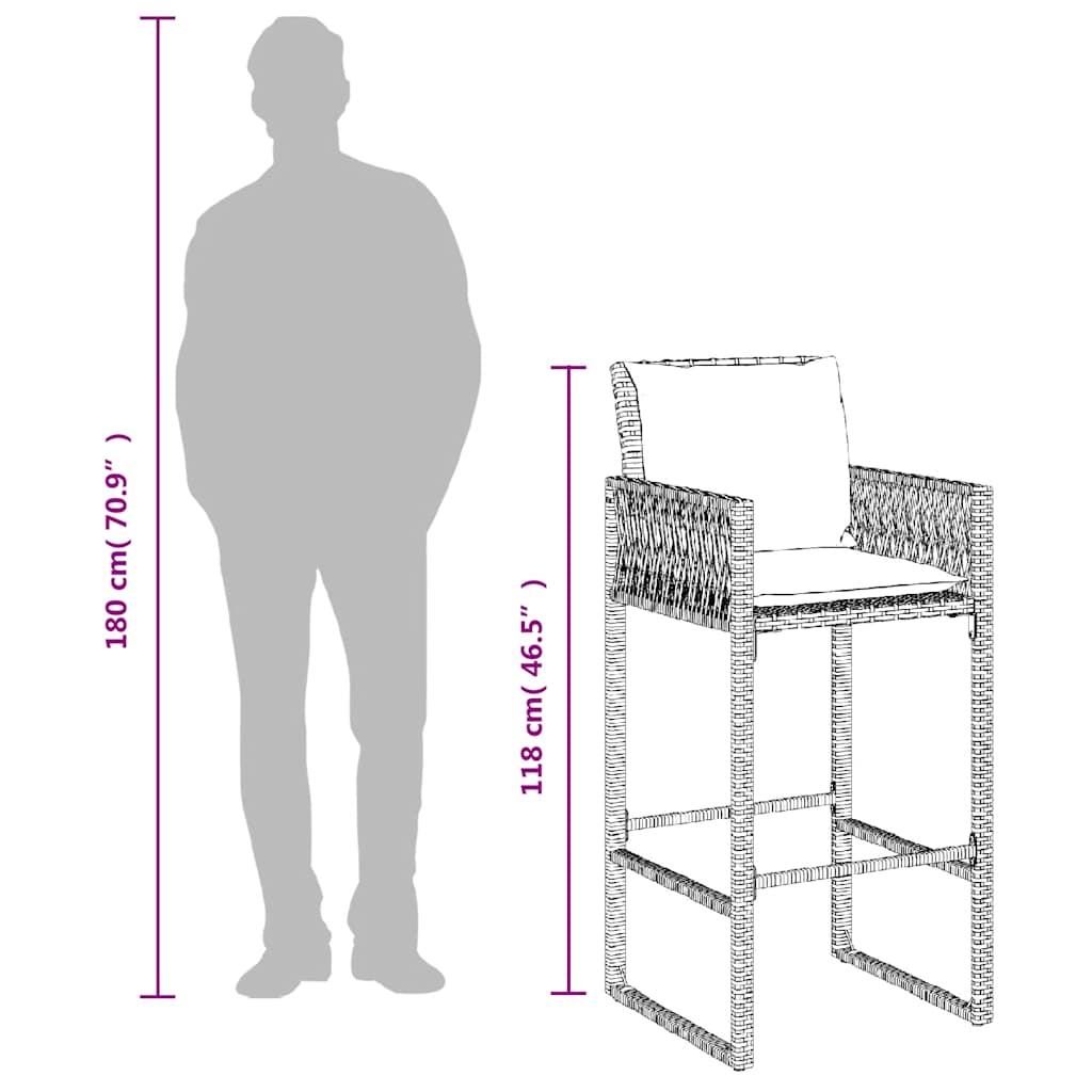 vidaXL Tabourets de bar de jardin avec coussins 2 pcs Noir Résine tressée