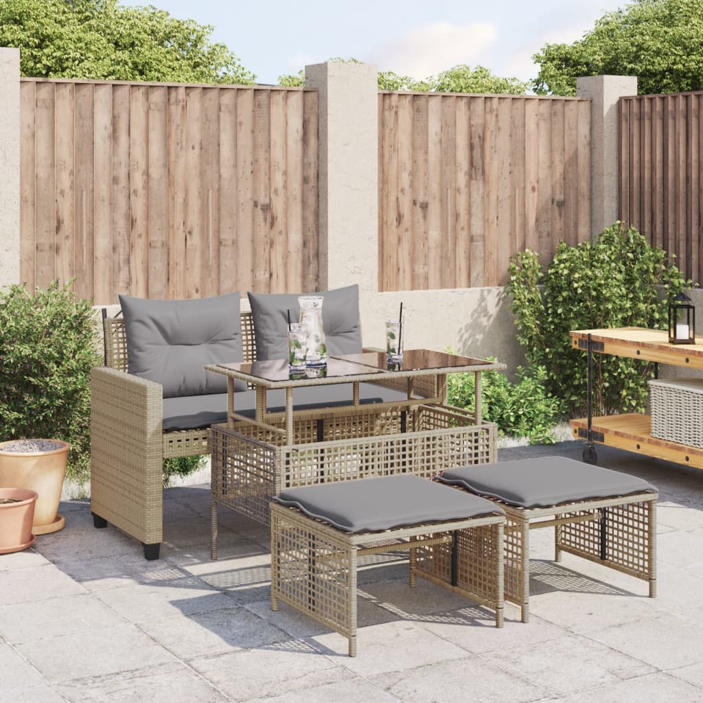 vidaXL Canapé de jardin 4 pièces avec coussins en polyrotin beige et verre