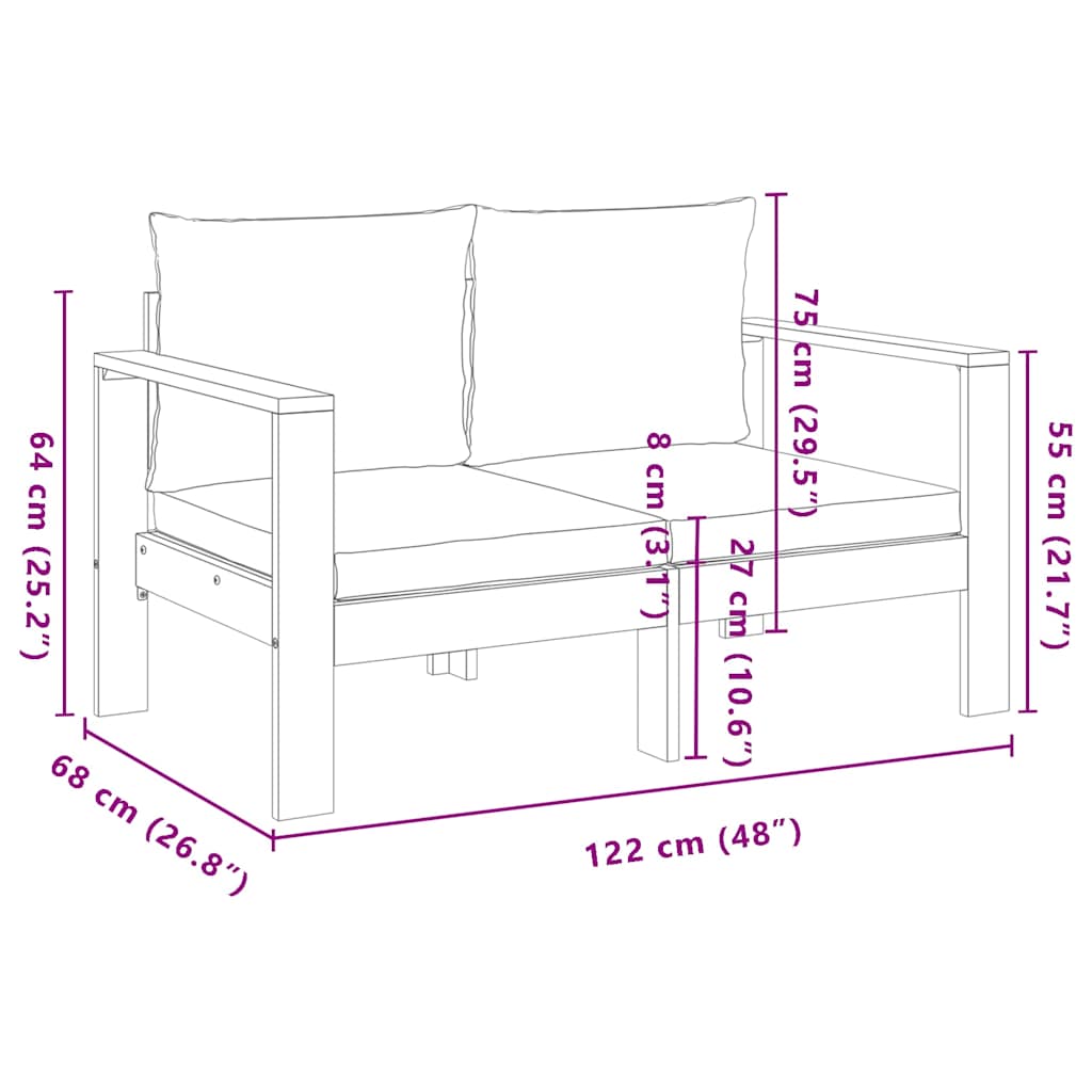 vidaXL Gartensofa mit Kissen 2-Sitzer Massivholz Akazie