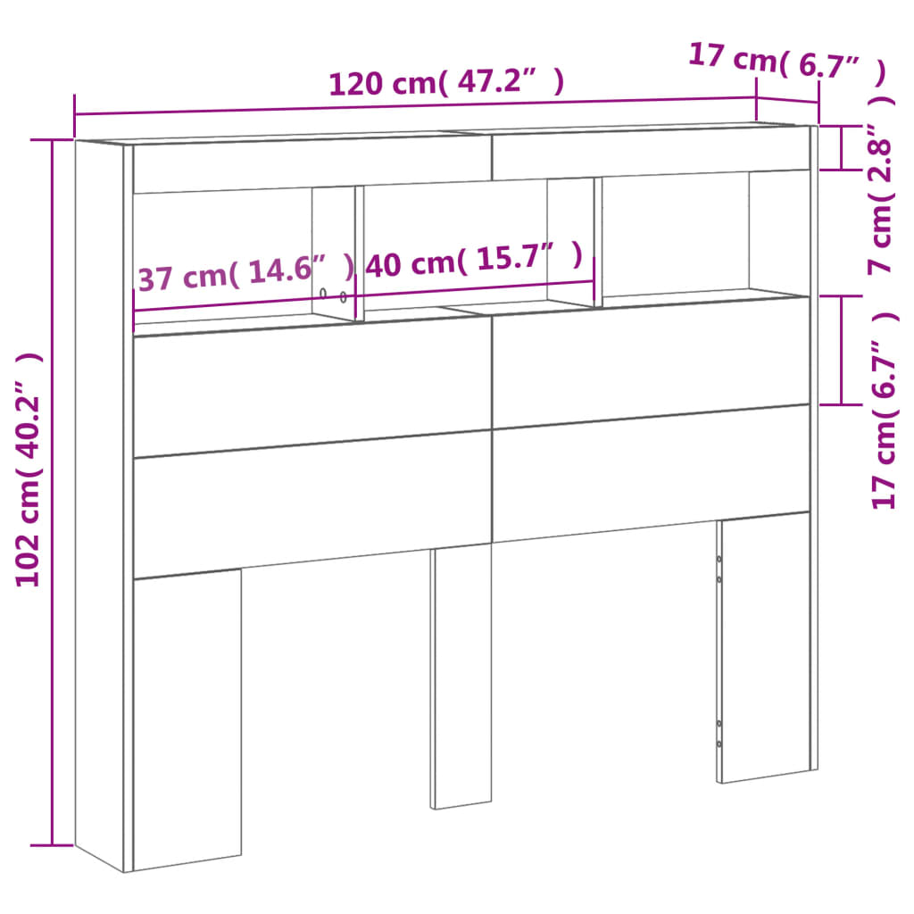 vidaXL LED-Kopfteil mit Ablagen Grau Sonoma 120x17x102 cm