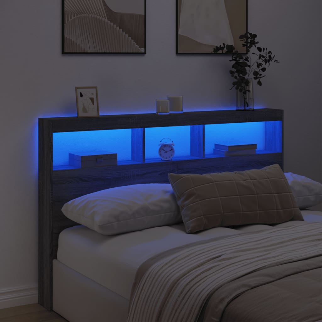 vidaXL LED-Kopfteil mit Ablage Grau Sonoma 160x17x102 cm