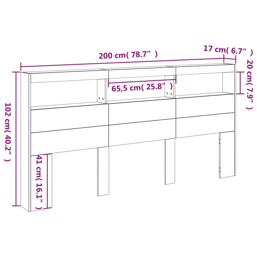 vidaXL LED-Kopfteil mit Ablagen Weiß 200x17x102 cm